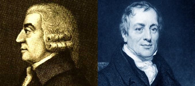 Adam Smith (1723-1790), a la izquierda, y David Ricardo (1772–1823), dos de los economistas clásicos más influyentes. Ambos fueron, en los primeros días de la Economía como rama de estudio académica diferenciada, defensores de teorías del valor objetivas. Muy al principio de la formación economista, se pensaba intuitivamente que el valor debía tener obligatoriamente una razón objetiva. No fue hasta mediados del XIX con la revolución merginalista que se descubrió que el valor era tan complejo que no tenía una única variable como 